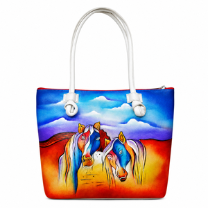 Hand Painted Genuine Leather Tote Bag Artisanal Horse Design Women's <b>Medium</b> Shoulder Bag Top Zip Closure Designer <b>Handbag</b> - Product Image 1