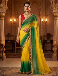 Sari de Georgette Bordado KV Estilo Bollywood (Verde) - Product Image 1
