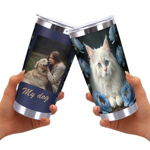 Stainless Steel Tumbler 20oz Double Wall Insulated Drinkware <b>Reusable</b> Eco Friendly Travel <b>Mug</b> With Cat And Blue Flowers Design - Product Image 2