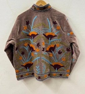 <b>Women</b> Vintage Brown Velvet <b>Jacket</b> Hand Embroidered Floral Suzani Open Front Winter Coat Festive Partywear Cardigan Outerwear - Product Image 2