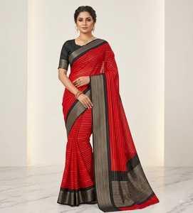 Sari de seda crepé rojo Mysore con borde de zari negro, traje tradicional indio para bodas, para mujer, modelo 52838 - Product Image 3