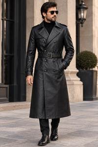 <b>Men</b> Genuine Leather <b>Long</b> Trench <b>Coat</b> Notched Lapel Double Breasted Overcoat With Belt Regular Fit - Product Image 2
