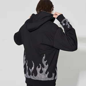 Sweat à capuche zippé intégral en tricot pour homme, 100 % coton épais, avec strass, logo personnalisé, sans cordon, coupe classique, motif tête de mort en strass - Product Image 2