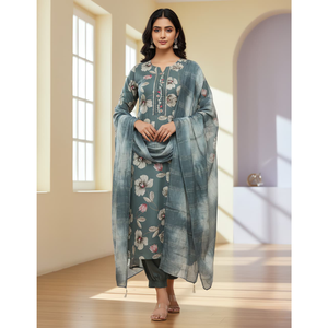 Ensemble de 3 pièces de vêtements traditionnels indiens faits main de qualité supérieure pour femmes, chemises en rayonne, imprimé feuille d'or, style Laxmi - Product Image 2