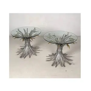 Modern Coffee Table Metal Sheaf of Wheat Glass Top Coffee Table a Pair