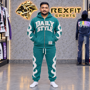Conjunto de Sudadera con Capucha para Hombre REXFIT SPORTS, Verde y Blanco, Estilo Casual para Invierno, 100% Algodón French Terry, Etiqueta Personalizada - Product Image 1