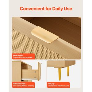Cómoda Moderna de Madera y Ratán con 6 Cajones, Tiradores y Patas Metálicas, Cómoda Doble para Dormitorio, Cajonera de Ratán Natural - Product Image 6