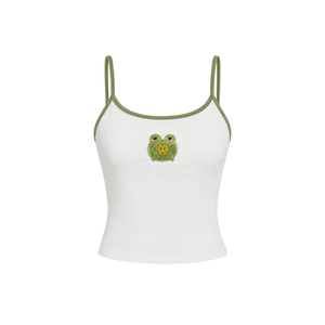 Camiseta sin Mangas Roja con Bordado Floral Blanco, Cuello Redondo, Tiras Blancas, Estilo Casual Primavera/Verano, Transpirable, para Mujer - Product Image 2