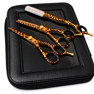 Ciseaux de coiffure de haute qualité et durables à imprimé léopard, ciseaux de coupe personnalisés en acier inoxydable pour salon de coiffure, barbier, coiffeur, avec rasoir - Product Image 1