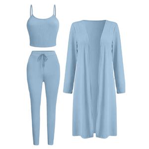 ชุดใส่อยู่บ้านผู้หญิงแฟชั่นเสื้อสายเดี่ยวลำลองกางเกงคาร์ดิแกนยาวกางเกงสีทึบชุด3ชิ้น - Product Image 5