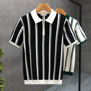 เสื้อโปโลผ้าไหมสไตล์เกาหลีสำหรับผู้ชายระบายอากาศได้ดีสำหรับฤดูร้อนธุรกิจลำลองเสื้อถักลายแนวตั้ง - Product Image 1