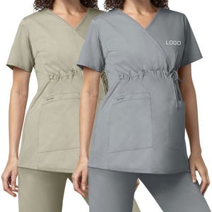 Tops de travail pour femmes à col en V avec cordon de serrage à la taille, bleu, mélange polyester-coton, uniformes d'hôpital pour infirmières - Product Image 6