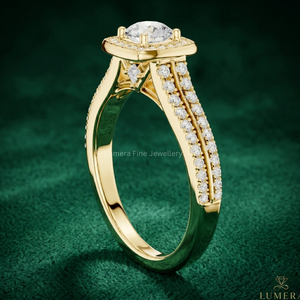 Anillo de compromiso de oro amarillo de 9K, 10K, 14K, 18K con diamante de laboratorio talla princesa y halo, de doble pavé, para mujer - Product Image 3