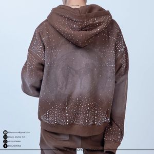 Custom Embroidered Logo Rhinestone Winter Fleece Hoodie Wholesale 100% Cotton Heavyweight <b>Sun</b> Faded Mens Streetwear Oversized - Product Image 2