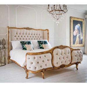 Lit plateforme capitonné de style français, en bois de mahogany massif, sculpté à la main, avec cadre rembourré, taille king, meubles de chambre à coucher - Product Image 6