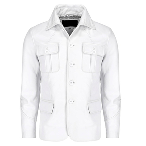 <b>Men</b> Leather Safari <b>Jacket</b> <b>White</b> Turn-down Collar Regular Fit Single Breasted Solid Color Spring Outerwear - Product Image 1