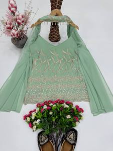 Conjunto de Salwar Kameez Bordado en Verde Menta, Chaniya Sharara, Traje Pakistaní para Eid con Dupatta - Product Image 5