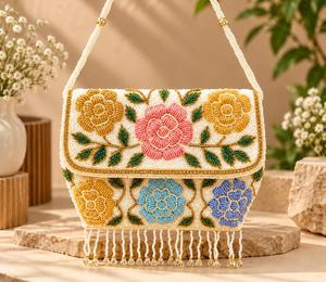 Sac à main perlé pour femme avec franges et pompon, pochette de soirée d'été brodée de perles, sac de soirée à franges - Product Image 2
