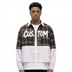 Custom Plaid Long Sleeve Shirt <b>Men</b> Streetwear Oversized Fit Contrast Trim White Dripping Print Front - Product Image 1