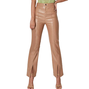 Pantalon droit taille haute en similicuir PU pour femme, longueur cheville, couleur unie, design élégant à empiècements, fermeture boutonnée, coupe droite, idéal pour l'automne - Product Image 1