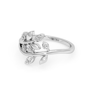 Anillo de Compromiso Romántico con Forma de Planta y Diamantes en Plata de Ley 925 para Mujer, Engaste Pavé, Corte Brillante Redondo - Product Image 4