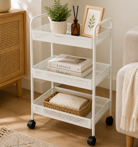 Chariot roulant moderne en métal blanc à 3 niveaux avec paniers en maille, chariot de rangement avec roulettes pour la maison et la cuisine, chariot utilitaire avec roulettes - Product Image 1