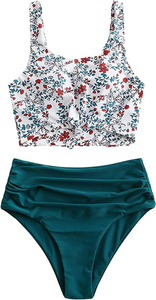 Ensemble de maillot de bain deux pièces extensible pour femme, haut tankini floral et bas froncé taille haute, collection 2026, fabriqué au Pakistan - Product Image 4