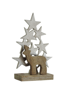 Figurine de renne en bois avec étoile en métal argenté, arbre de Noël empilé sur base en bois, décoration - Product Image 1