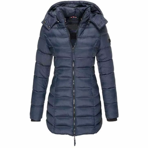 Veste longue matelassée à capuche pour femme, coupe-vent d'hiver, épaisse, avec fermeture éclair, vêtement d'extérieur décontracté, couleur unie, 100 % polyester - Product Image 1