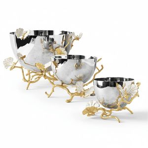 Modern Handmade Silver Fruit Bowl with Gold Ginkgo Base Luxury Stainless Steel Serving Basin Decorative <b>Table</b> Centerpiece Bowls - Product Image 4