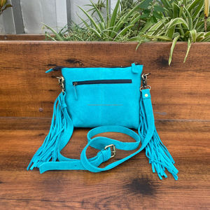 Venta caliente Mano Tooled Turquesa Suede Leather Boot Stitch Crossbody Fringe Bag Mujeres Western Leather Floral Bohemian Purse - Product Image 5