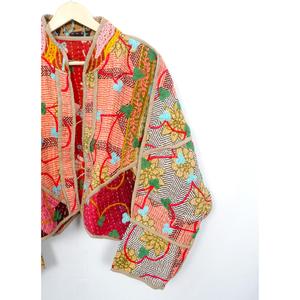 Wholesale 100% Cotton Quilted Kantha <b>Jacket</b> Multi-Colour Ethnic Denim Style Block Print <b>Mandarin</b> <b>Collar</b> Vintage Winter - Product Image 3