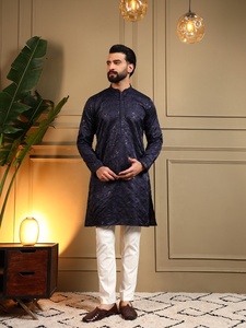 <b>Men</b> Navy Blue Silk <b>Kurta</b> Pajama Set Regular Fit Traditional Indian Pakistani Knee-Length Wrinkle Free Wedding Wear - Product Image 1