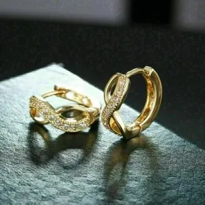 Yellow Gold Plated 14K Moissanite Huggie <b>Earrings</b> Brilliant Cut Channel Setting Geometric Design Women's Luxury Gift Jewelry - Product Image 2
