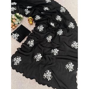 DISEÑADOR CHINON SECUENCIA DE BORDADO DE SECUENCIA ZARI TRABAJO SAREE CON BLUSA DESCOSADA NEGRO - Product Image 1