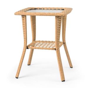 Tavolino Laterale in Vimini Beige per Esterni con Piano in Vetro, Tavolino in Rattan per Interni, Giardino, Portico, Balcone, Patio, Tavolino da Caffè e Bistrot - Product Image 1