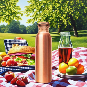 Botella de Cobre con Acabado Brillante, Diseño Clásico, Grabado Ayurvédico, Hecha a Mano, Ecológica, de Cobre Puro, Creaciones Antiguas - Product Image 1