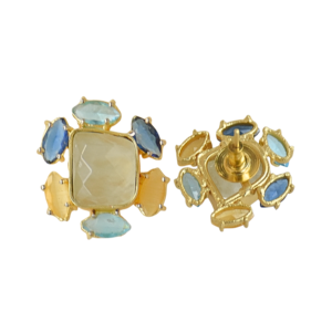 Boucles d'oreilles clous en pierre de Prehnite, laiton plaqué or 18 carats, géométriques, tendance, classiques, pour soirée, sertissage clos, vente en gros - Product Image 3