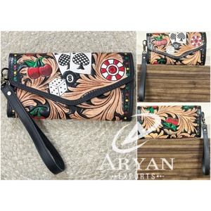 Cartera de Cuero Lujosa Hecha a Mano con Correa de Muñeca, Monedero de Cuero Genuino con Diseño de Cartas de Póker para Mujer - Product Image 1