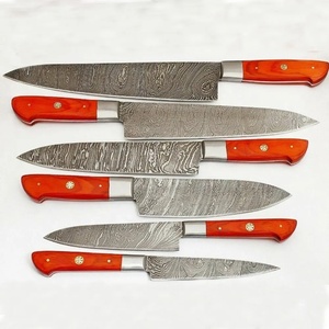 Juego de Cuchillos de Chef Profesionales de Acero de Damasco Hechos a Mano por Ahmad Fabric, 6 Piezas, Mango de Resina, Funda de Cuero, Diseño Moderno, Personalizable - Product Image 5