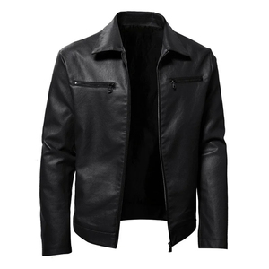 Chaqueta de Cuero PU Negra para Hombre, Estilo Motero, Cierre de Cremallera, Cuello Camisero, Corte Ajustado, Largo Regular, para Otoño - Product Image 5