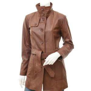 Women's Brown Genuine <b>Leather</b> Trench Coat With Belt And Button Closure Turn-down Collar Full Sleeve Fashion Manufacturer - Product Image 4