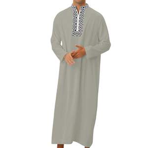 Thobe gris minimaliste pour homme, manches longues, Kandura arabe, coupe ajustée, Jubba musulmane, Dishdasha, vêtements islamiques pour homme, à porter au quotidien - Product Image 1
