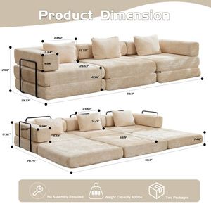Chenil <b>Convertible</b> Floor Sofa <b>Bed</b> Compression Fixed Shape Frame Boneless Modular Sectional No Assembly Required for Living Room - Product Image 3