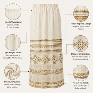 Womens Embroidered Maxi <b>Skirt</b> <b>Elastic</b> <b>Waist</b> Tribal Geometric Design Lightweight Breathable Boho Style | Casual Summer Vacation - Product Image 5