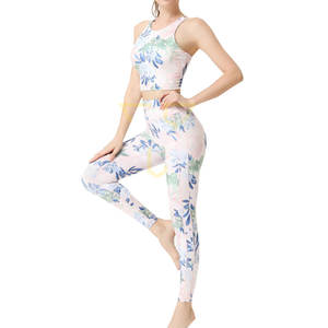 Ensemble de yoga pour femmes au design tendance, soutien-gorge respirant, haut à taille haute en spandex/polyester, vêtements de sport, leggings imprimés à motif uni, 2 pièces - Product Image 1