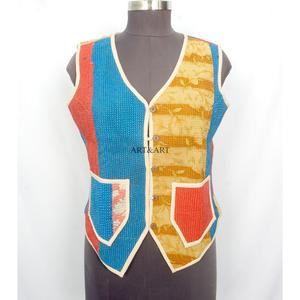 Elegant Handmade Breathable Cotton <b>Kantha</b> V-Neck Women's Waistcoat Winter Short <b>Jacket</b> Vest Back Logo Vintage vest <b>jacket</b> - Product Image 5