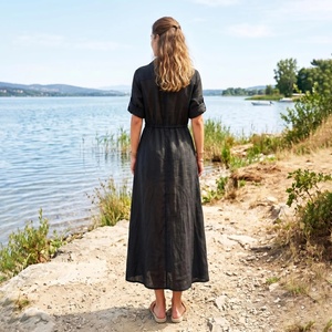 Cotton Shirt <b>Dress</b> for Women Minimalist Midi <b>Dress</b> <b>Loose</b> Summer Casual Oversized Button V-neck Bell Sleeve High Waist Breathable - Product Image 2
