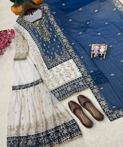 Ensemble Kurti Sharara Dupatta pour femmes, vêtements ethniques de luxe, collection de mode boutique, 83869 LC 1460 Bleu - Product Image 4