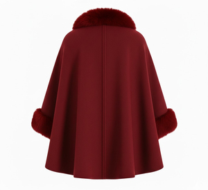 Poncho Cape Élégant pour Femme en Fausse Fourrure Bordeaux – Chaud et Luxueux pour l'Hiver – Manteau Tendance – Vêtements Personnalisés en Gros OEM - Product Image 4